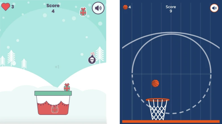In the catcher game, participants must catch Christmas gifts or basketballs