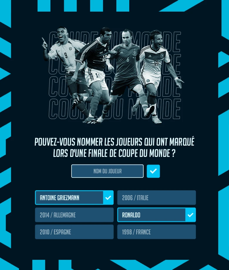 Quiz spécial sport avec vérification instantanée : Pouvez-vous nommer les joueurs qui ont marqué lors d'une finale de Coupe du monde ?
