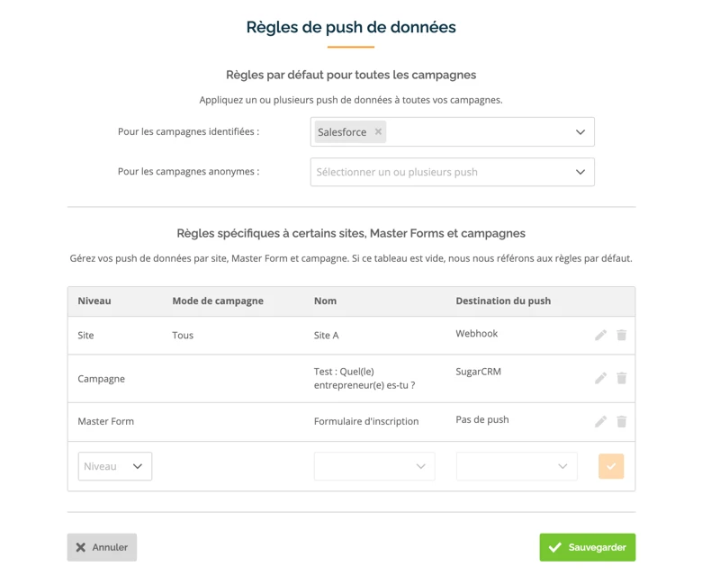 Règles de push de données dans Qualifio