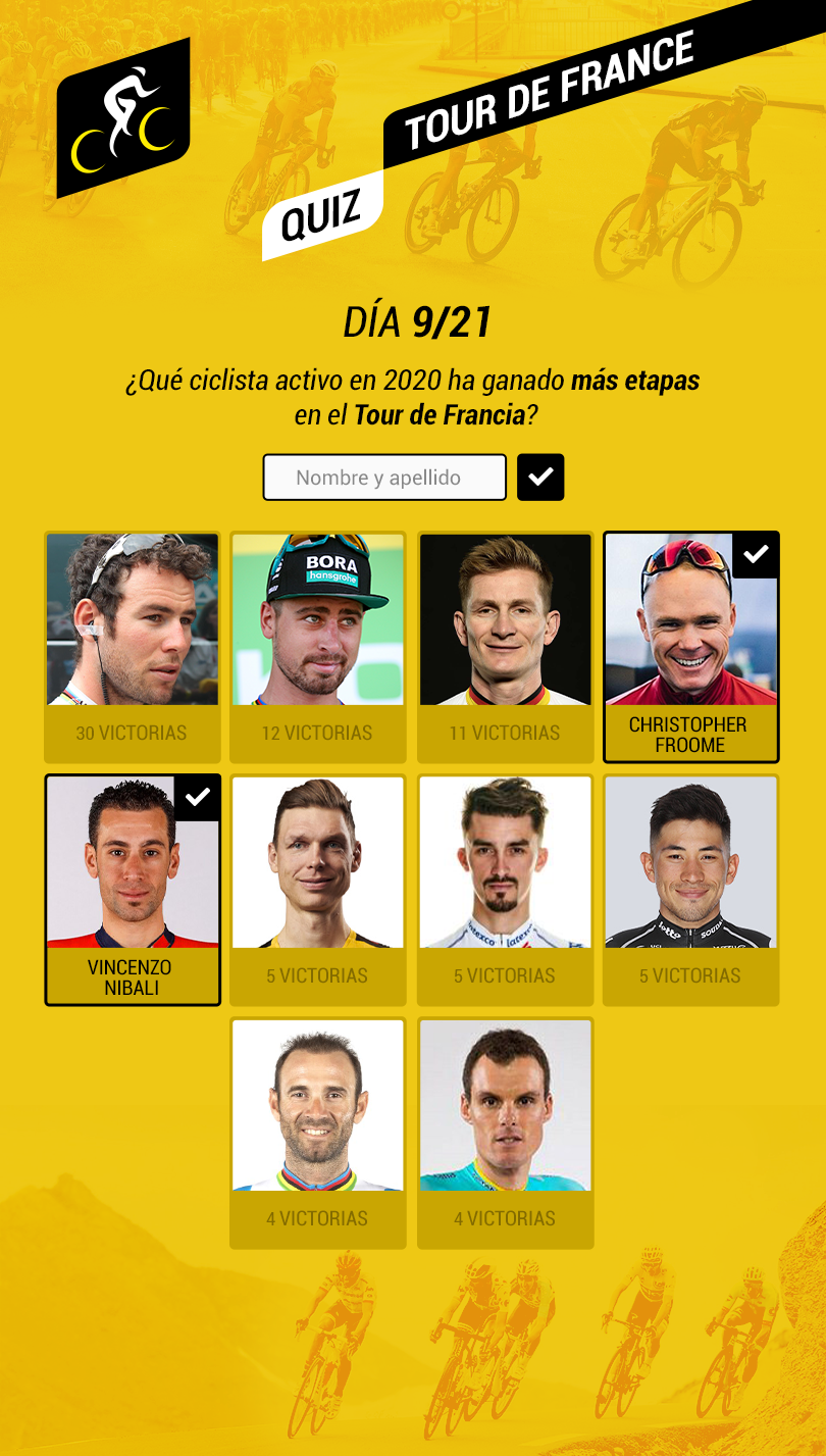 Quizzes sobre deporte: ¿Qué ciclista activo en 2020 ha ganado más etapas en el Tour de Francia?