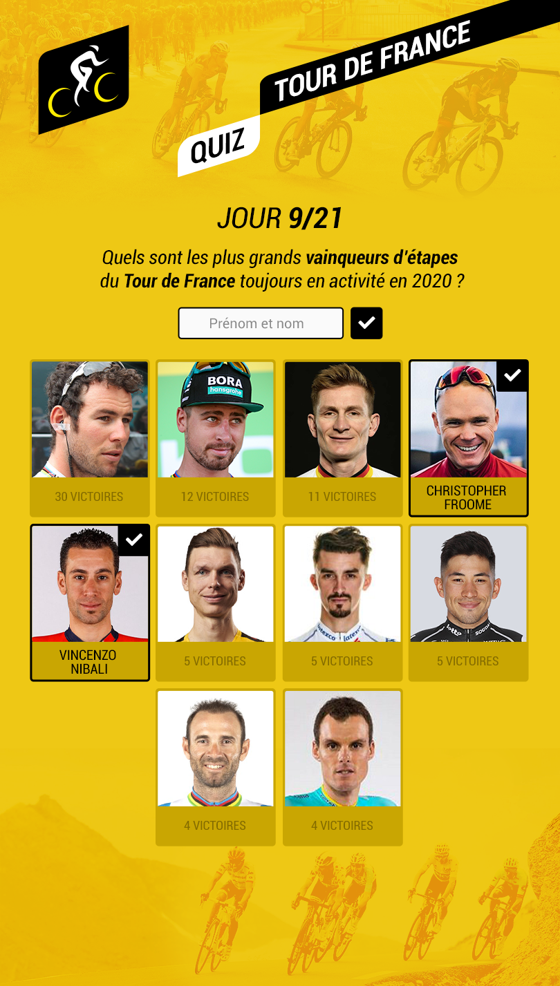 Quiz spécial sport avec vérification instantanée : Quels sont les plus grands vainqueurs d'étapes du Tour de France toujours en activité en 2020 ?