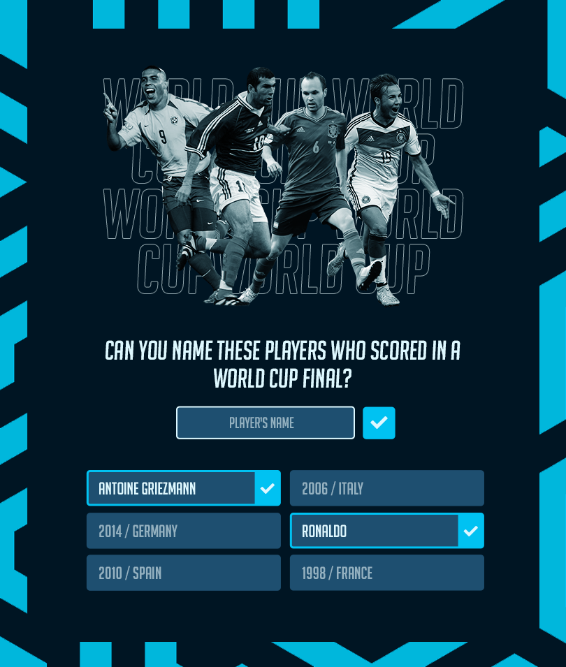Sport quiz with instant answer check: Can you name these players who scored in a World Cup final?